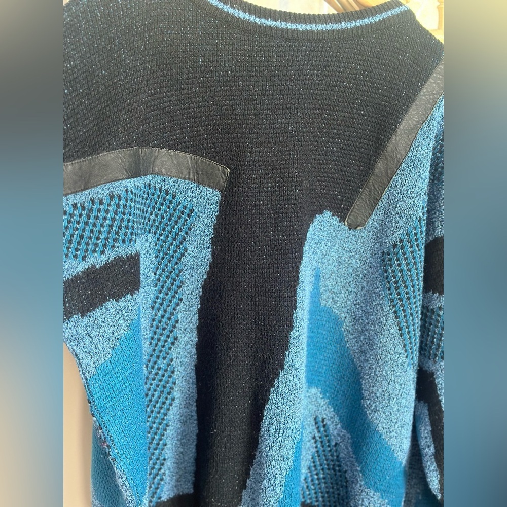 Vintage Black and Blue Abstract Acrylic Crewneck Sweater with Leather accents - Picture 5 of 9